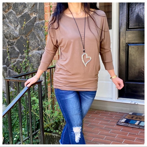 ShopEvelynne Tops - MOCHA DOLMAN BOATNECK 3/4 SLEEVES TUNIC TOP